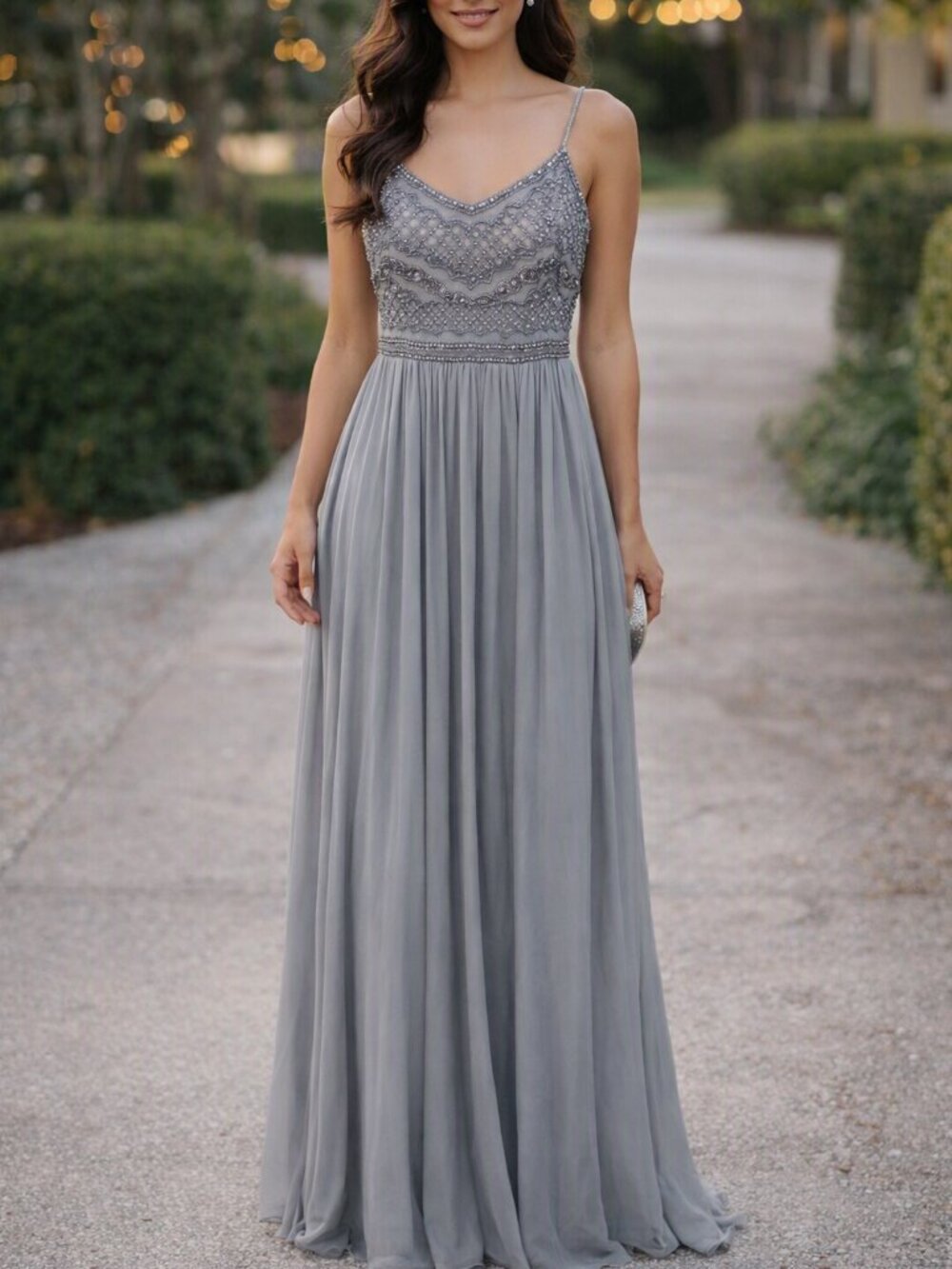 Adrianna Papell Spaghetti-Strap Maxi Dress in Light Gray with Beaded Bodice